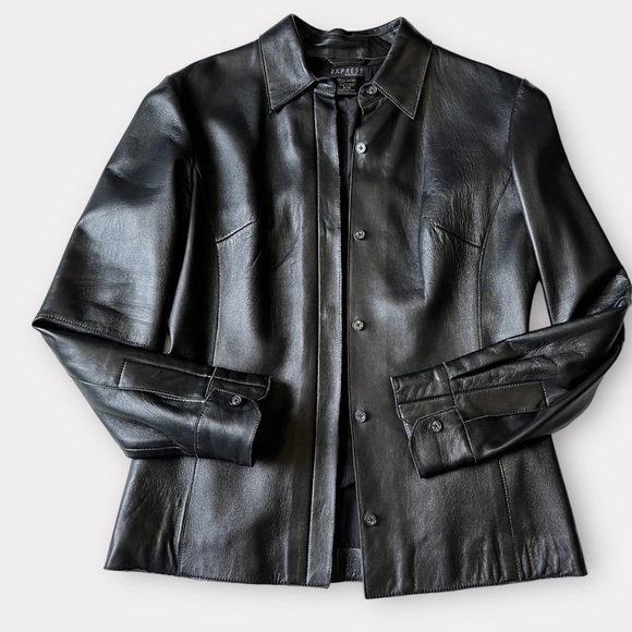 90s Express Leather Moto Fitted Shirt Light Jacket Button Front Black M - Picture 3 of 9